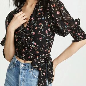 Ganni Paradise Elm Georgette Black Floral Wrap Top